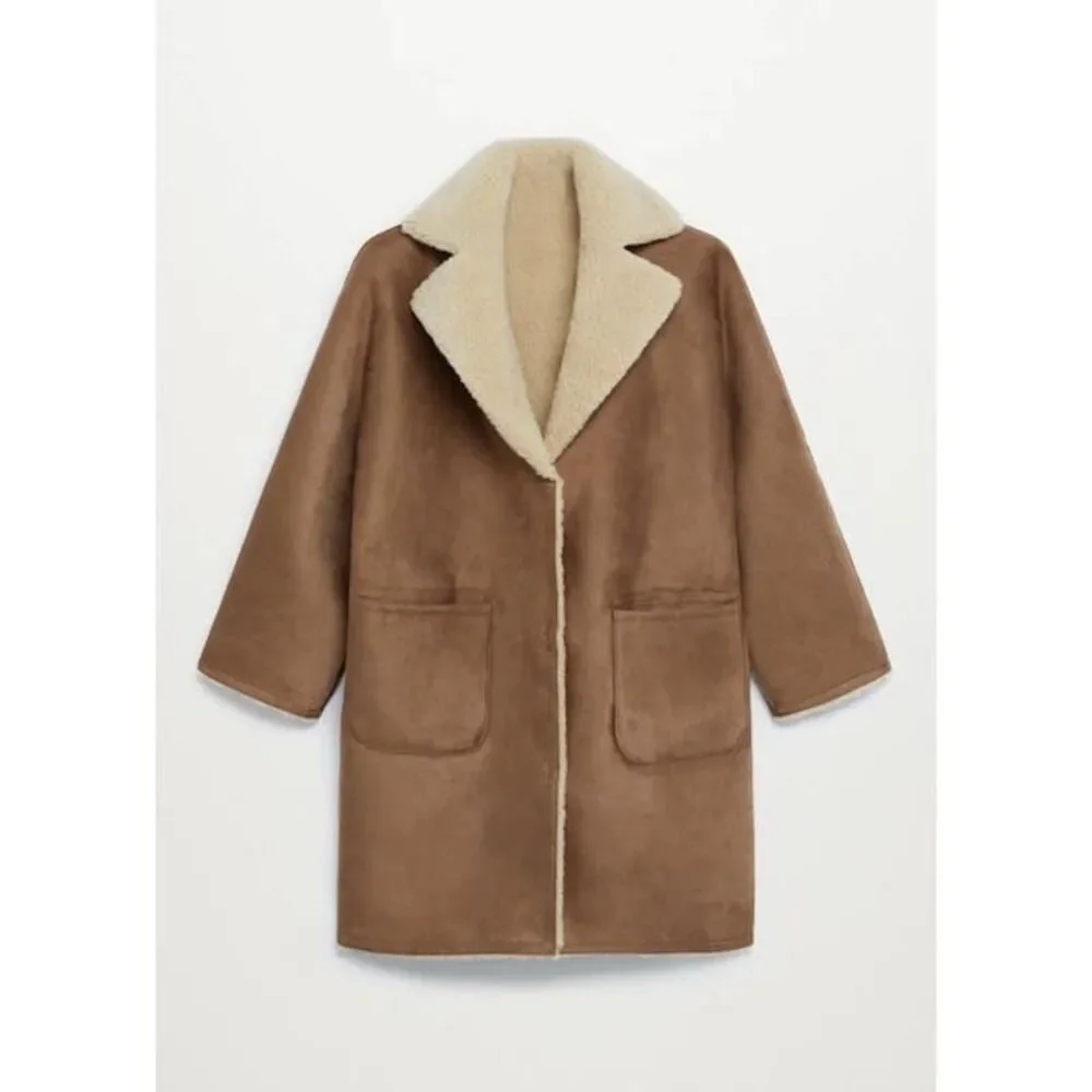 Mango Shearling look boho retro‎ statement vintage classic coat NWT XL